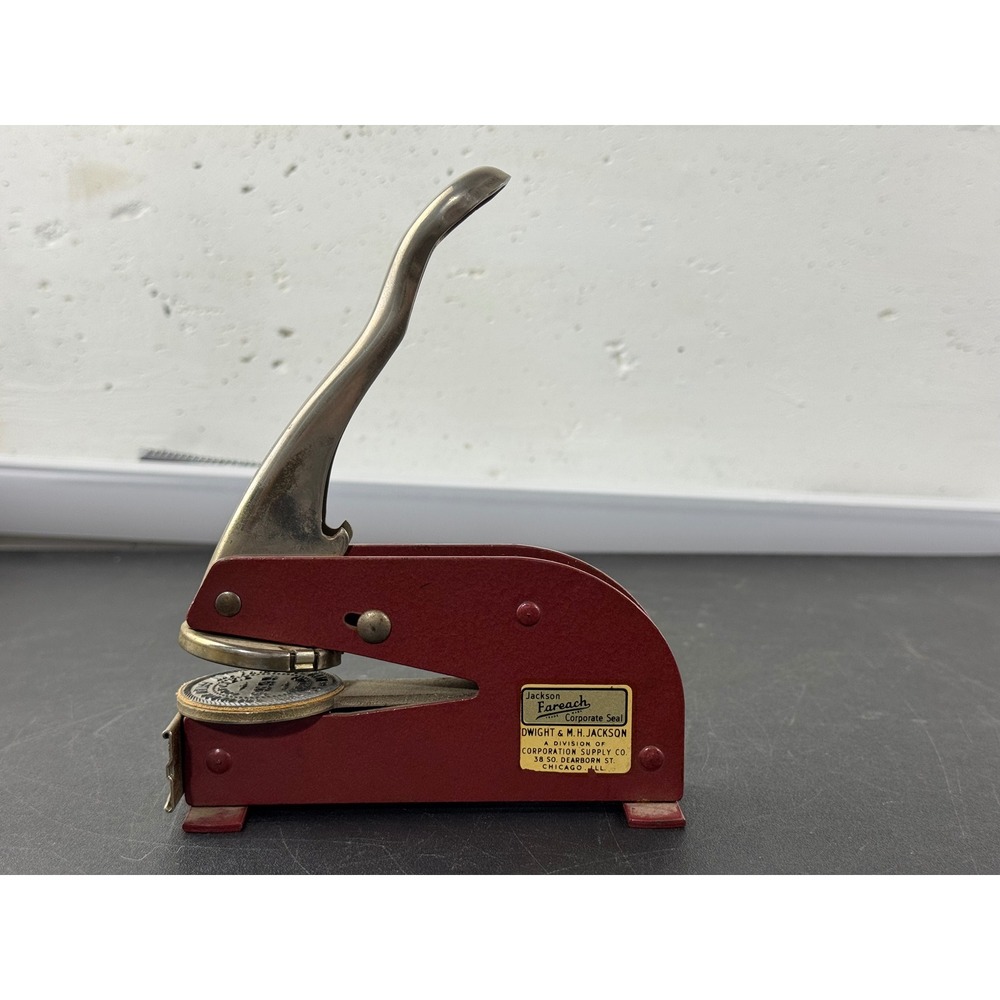 Vintage Jackson Fareach Corporate Seal Embosser Red Metal Desk Tool Chicago Ill